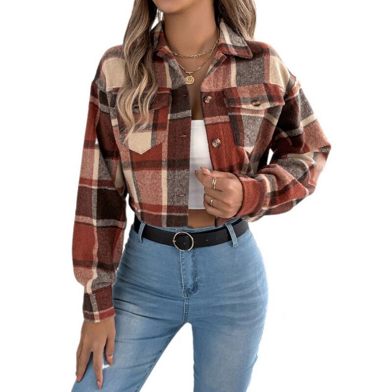 イエスファッション レディース アウター ジャケット・ブルゾン ボタンダウン コート ダウン クロップド Yesfashion Womens Flannel Cropped Jacket Plaid