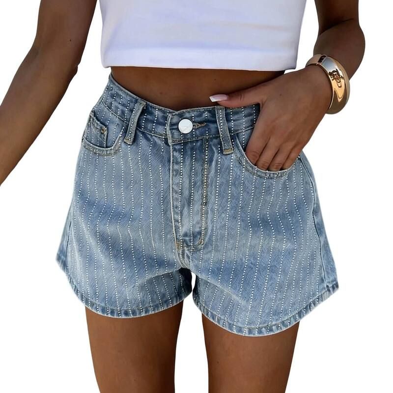 セオリア レディース ボトムス ハーフパンツ・ショーツ ショートパンツ デニム Seoria Women High Waisted Rhinestone Stripedenim Shorts Loos