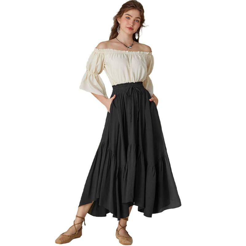 セオリア レディース ボトムスカート ティアード ハイウエスト フリル レース マキシ Seoria Women High Waist Skirt Layered Long Tiered Skirts