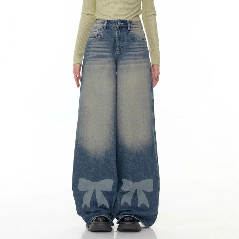 イエスファッション レディース ボトムス デニムパンツ ワイドレッグ プリント ジーンズ Yesfashion Womens Wide Leg Jeans Loose Casual Retro Pan