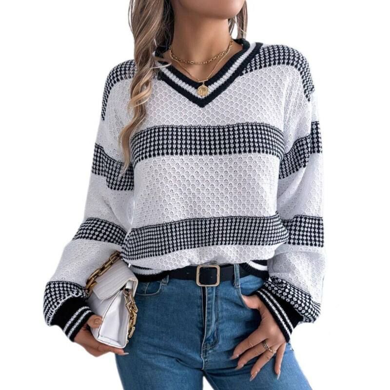 イエスファッション レディース アウター ニット・セーター Vネック Yesfashion Womens V neck Casualantern Sleeve Striped Sweater Loos