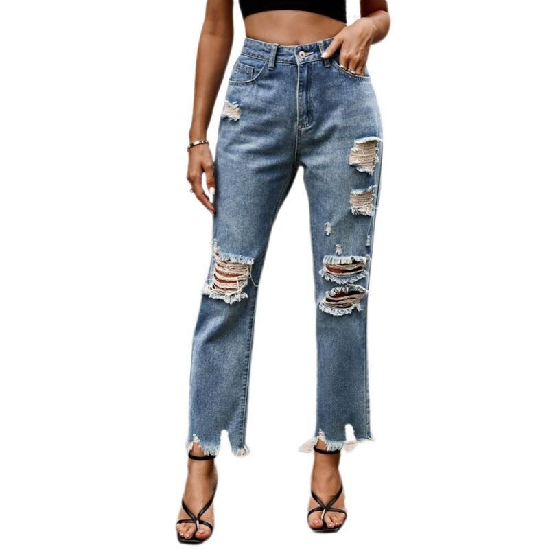 イエスファッション レディース ボトムス カジュアルパンツ ストレート クロップド デニム ジーンズ Yesfashion Womens Ripped Jeanstraight Leg High Wa