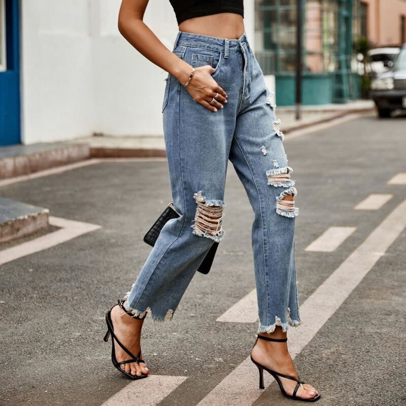 イエスファッション レディース ボトムス カジュアルパンツ ストレート クロップド デニム ジーンズ Yesfashion Womens Ripped Jeanstraight Leg High Wa