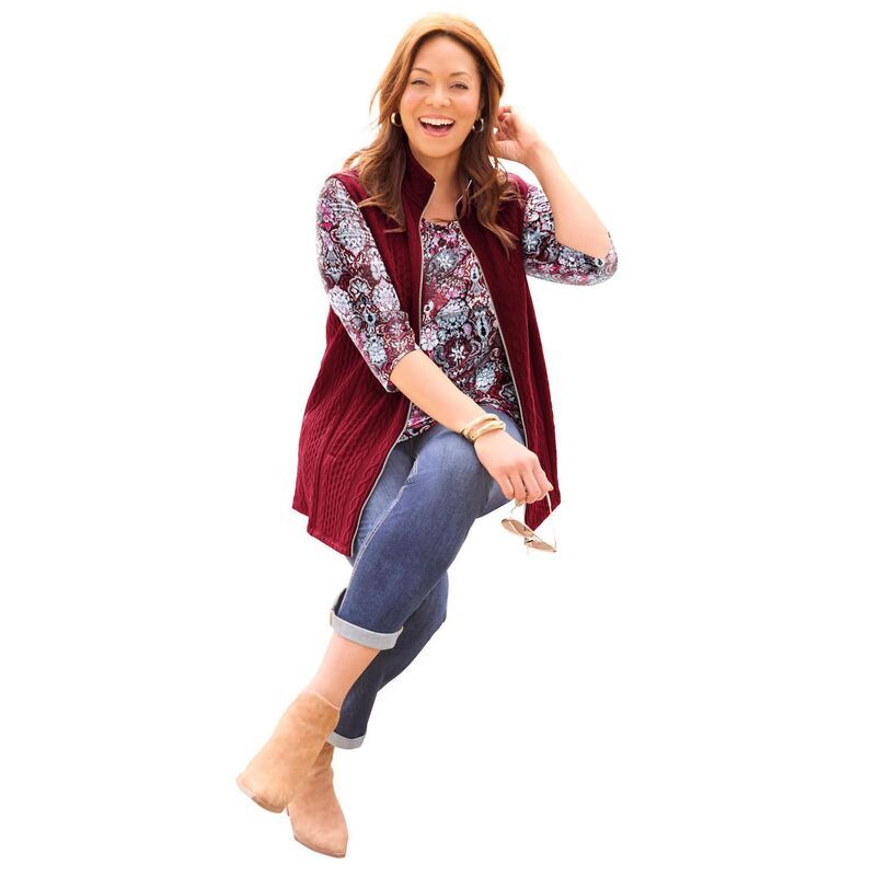 キャサリンズ レディース アウター ニット・セーター プラスサイズ ベスト Catherines Womens Plusize ZipFront Cable Vest Rich Burgundy バー