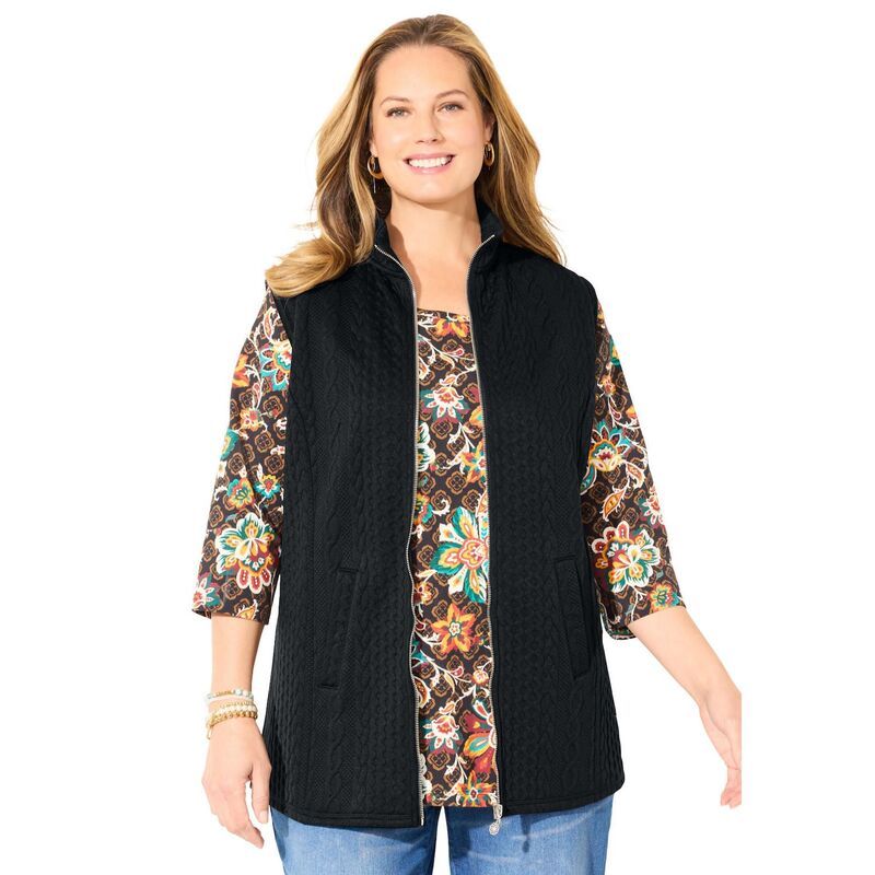 キャサリンズ レディース アウター ジャケット・ブルゾン プラスサイズ ベスト Catherines Womens Plusize ZipFront Cable Vest Black ブラック