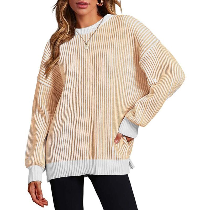 ジーグー レディース アウター ニット・セーター リブニット クルーネック Zeagoo Womens Oversized Crew Neck Long Sleeve Color Block Rib
