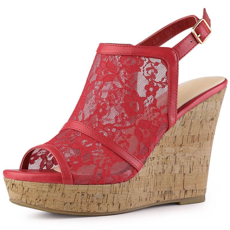 アレグラ ケー レディース シューズ サンダル プラットフォーム レース ヒール ALLEGRA K Womens Open Toe Platform Heelace Wedgesandals Red