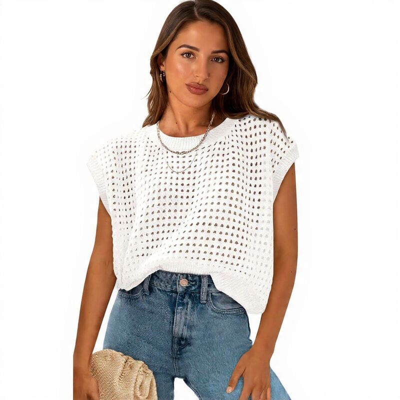 メガリテイラー レディース アウター ニット・セーター キャップ MegaRetailer Crochet Cap Sleeve Pullover for Summer White ホワイト