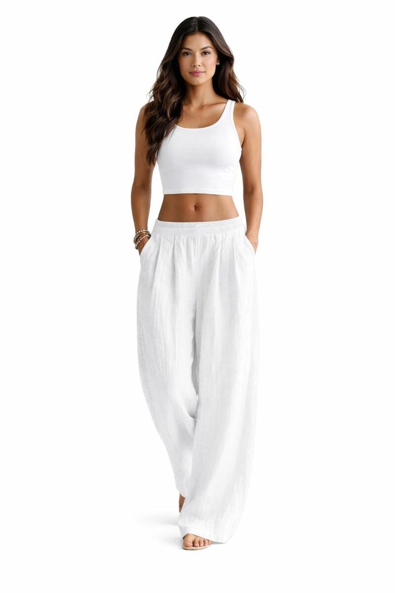 メガリテイラー レディース ボトムス カジュアルパンツ リネン MegaRetailer Loose Fit Linen Palazzo Pants Women White ホワイト