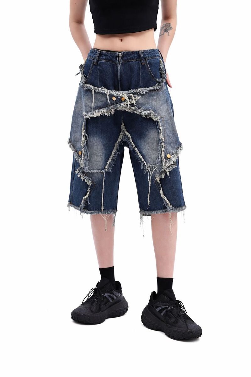 メガリテイラー レディース ボトムス ハーフパンツ・ショーツ ショートパンツ デニム MegaRetailer Loose Fit Star Patch Denim Shorts Blue ブルー