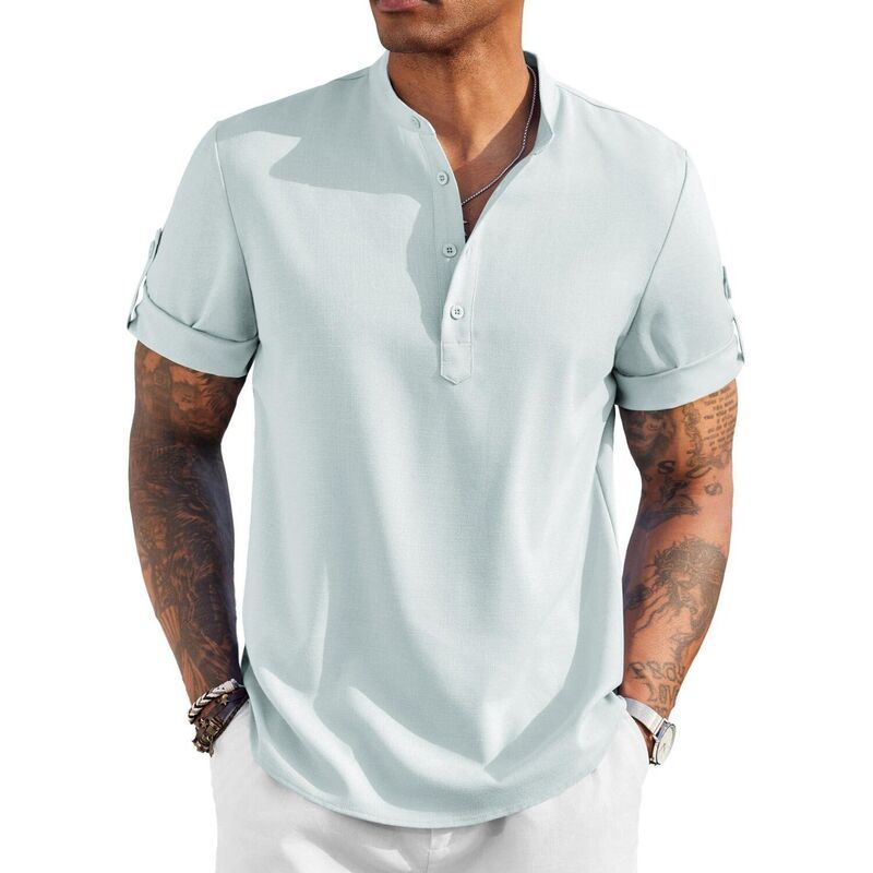クーファンディ レディース トップス Tシャツ リネン COOFANDY Mens Casual Henley Shirt Short Sleeve Band Collar Linen Shirt S
