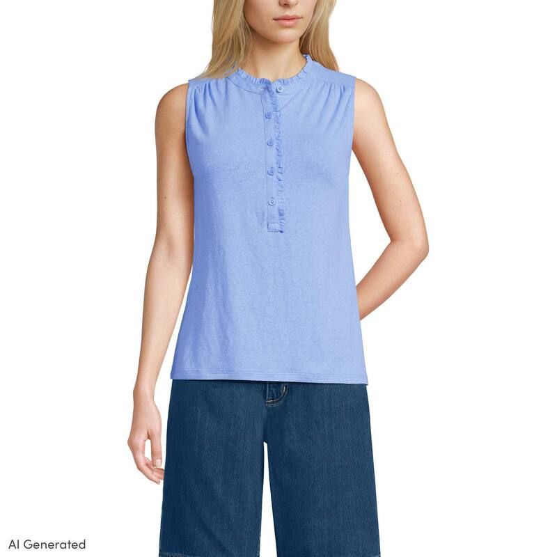 ランズエンド レディース トップス Tシャツ フリル リネン Womens Lands End Linen Blend Ruffle Trim Tank Top Clear Blue Sky ブルー