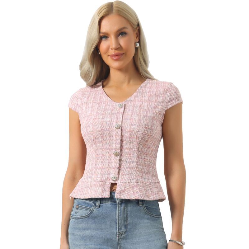 インスパイア シック レディース トップス シャツイード キャップ ブラウス INSPIRE CHIC Tweed Tops for Womens Button Decor Cap Sleeve Pl