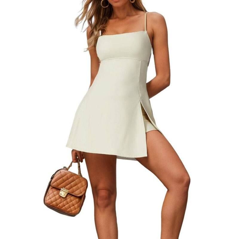イエスファッション レディース トップス ワンピース サイドスリット 背中開き ショートパンツ Yesfashion Women Square Neck Tennis Dress with Short