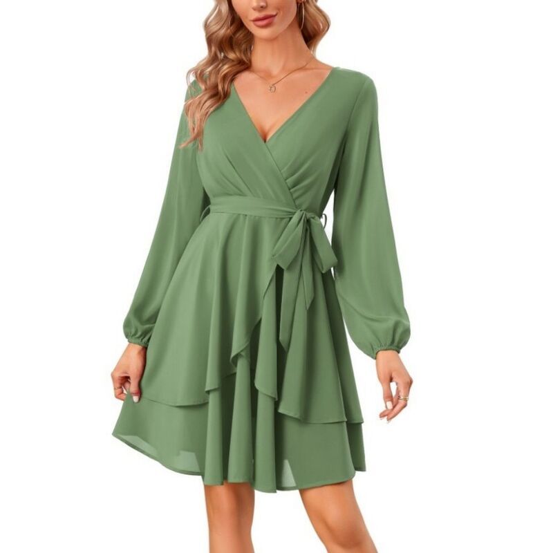 イエスファッション レディース トップス ワンピース Vネック フリル ミニ Yesfashion Womens Dress VNeck Long Sleeve Waistielegant Ruffl