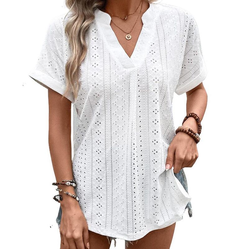 セオリア レディース トップス シャツ Vネック ブラウス Seoria Womens VNeck Eyelet Blouse Breathable Short Sleeve Loose Fit Su