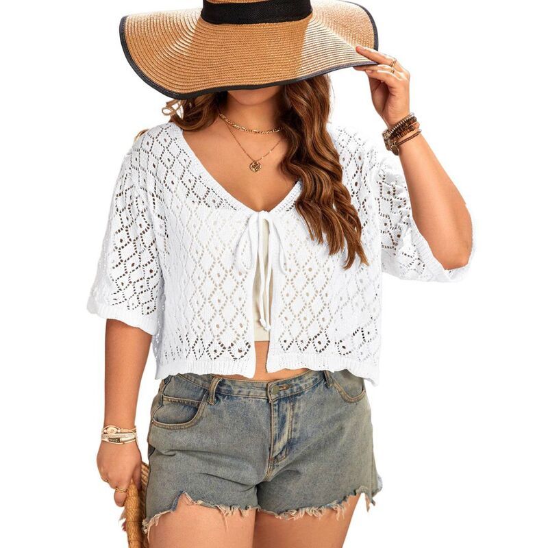 イエスファッション レディース アウター ニット・セーター プラスサイズ カーディガン Yesfashion Womens Plusize Crochet Cardigan Crop Short Sl
