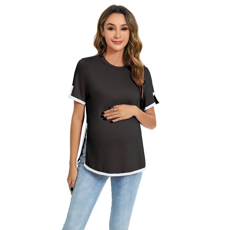 セオリア レディース トップス Tシャツ マタニティ Seoria Women Maternity Short Sleeve Color Block Split Side Shirt Black ブラ