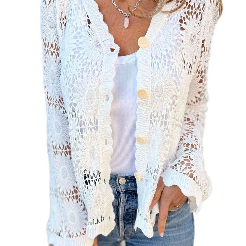 クリアフラワー レディース トップス シャツ Vネック ブラウス レース ClearFlower Women Dressy Casual Tops Long Sleeve Lace Button Up