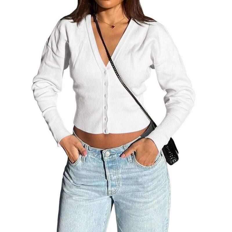イエスファッション レディース アウター ニット・セーター Vネック リブ カーディガン Yesfashion Womenshort Cardigans V Neck Button Front Rib