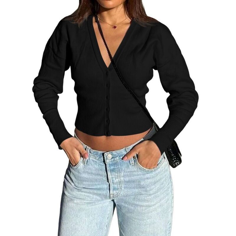 イエスファッション レディース アウター ニット・セーター Vネック リブ カーディガン Yesfashion Womenshort Cardigans V Neck Button Front Rib