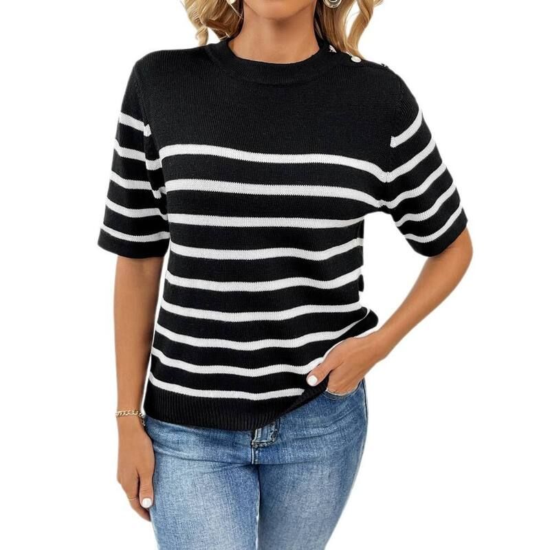 イエスファッション レディース アウター ニット・セーター モックネック ブラウス Yesfashion Womens Casual Stripe Knitop Mock Neck Short Sle