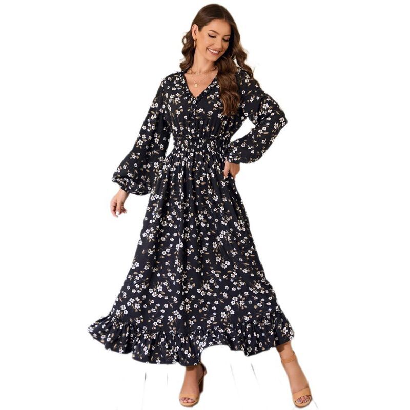 イエスファッション レディース トップス ワンピース Vネック ハイウエスト フラワー柄 フリル フラワー Yesfashion Womens Dresses Fall Clothes V Neck