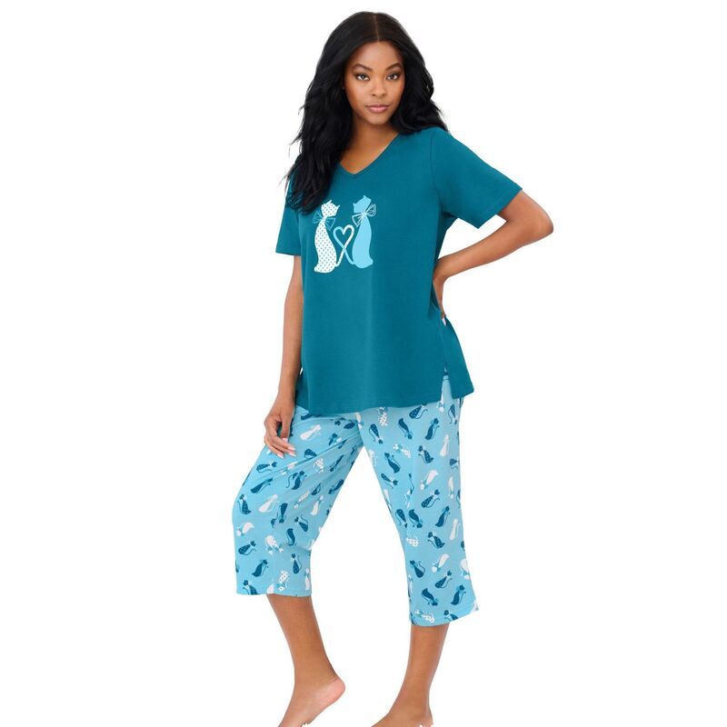 ドリームスアンドコー レディース アンダーウェア ナイトウェア プラスサイズ キャップ Dreams Co Plusize 2Piece Capri PJ Set Deep Teal Cat ティール