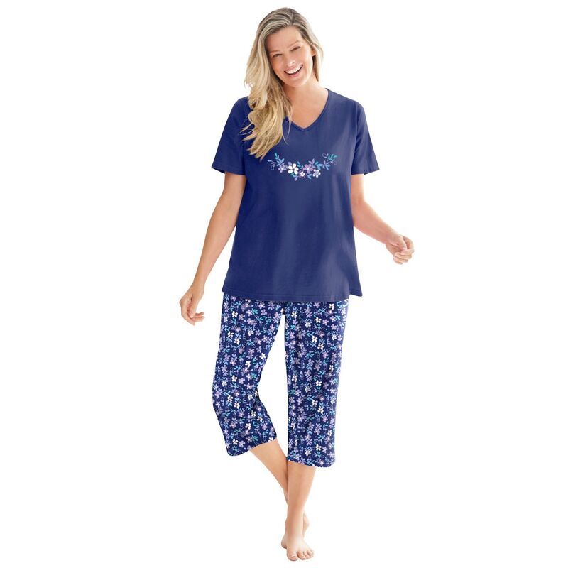 ドリームスアンドコー レディース アンダーウェア ナイトウェア プラスサイズ キャップ Dreams Co Plusize 2Piece Capri PJ Set Evening Blue Flowe