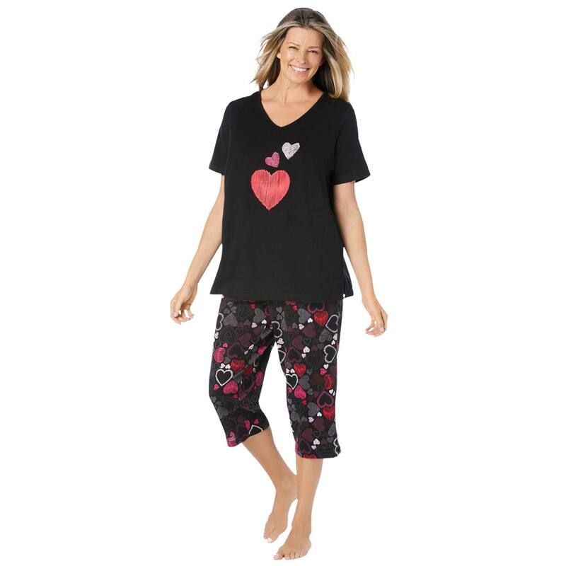 ドリームスアンドコー レディース アンダーウェア ナイトウェア プラスサイズ キャップ Dreams Co Plusize 2Piece Capri PJ Set Black Multi Hearts