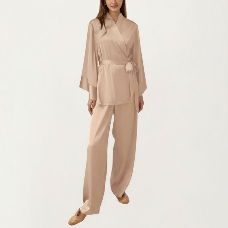 アンナカシ レディース アンダーウェア ナイトウェア パンツ サテン AnnaKaci Womens 2Piece Satin Pajama Set with Kimono Sleeve Wrap T
