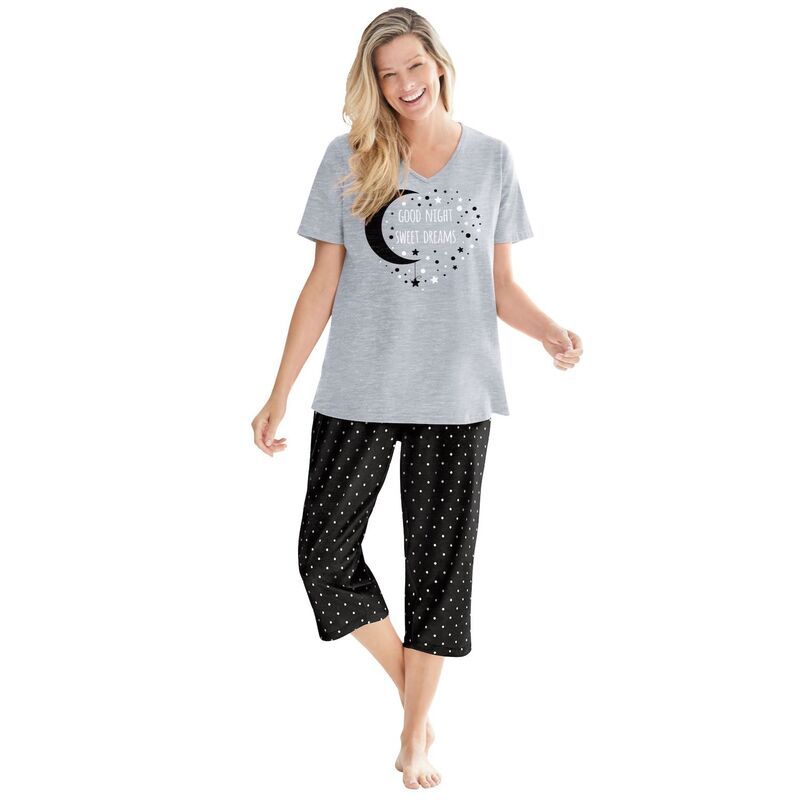 ドリームスアンドコー レディース アンダーウェア ナイトウェア プラスサイズ キャップ Dreams Co Plusize 2Piece Capri PJ Set Black Dot ブラック