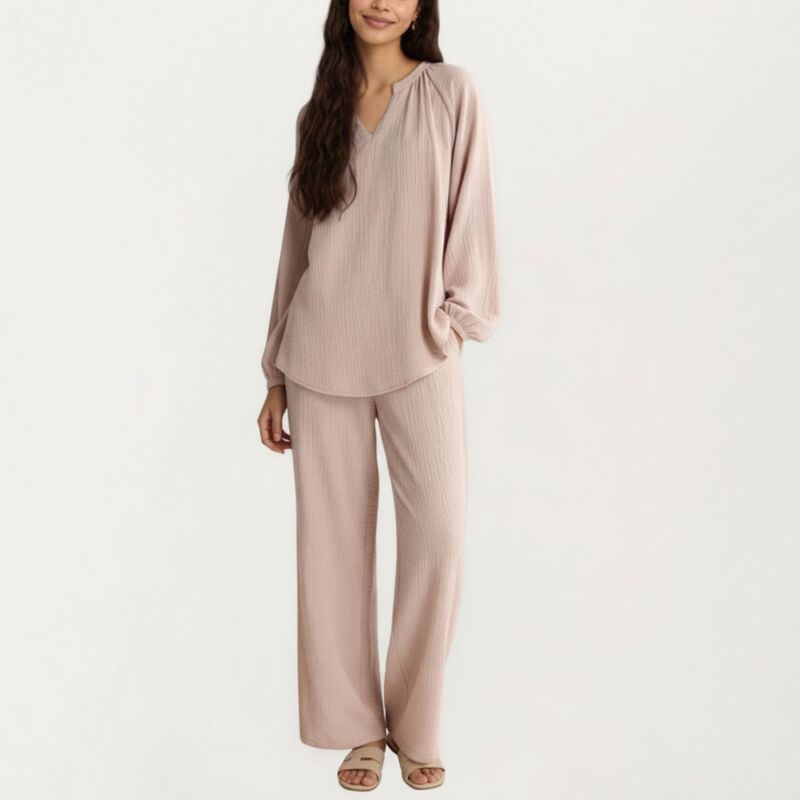 アンナカシ レディース アンダーウェア ナイトウェア リラックスフィット パンツ AnnaKaci Womens 2Piece Setextured Long Sleeve Top with Spli