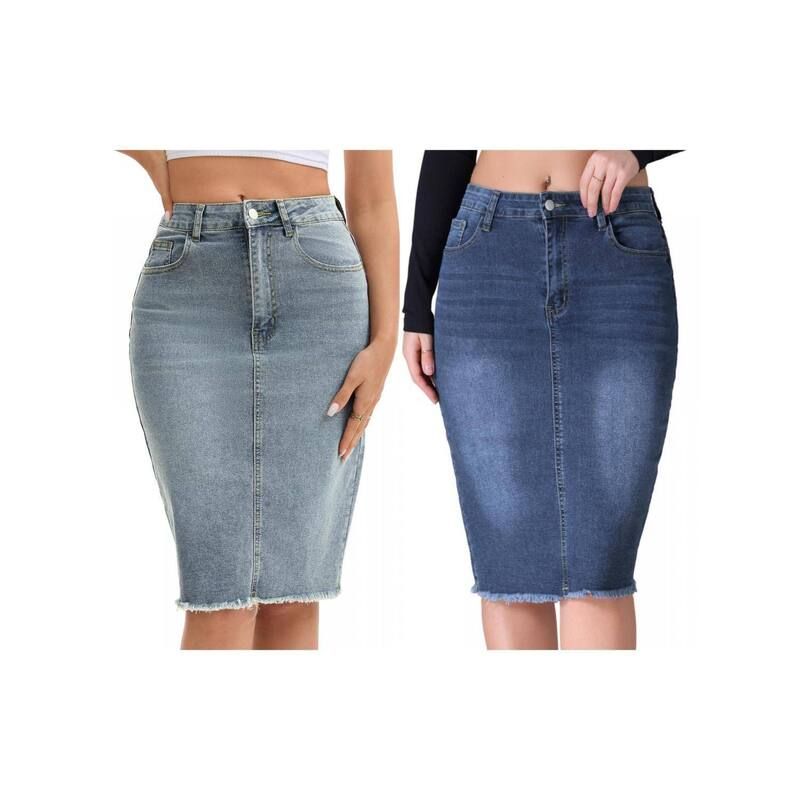 インスパイア シック レディース ボトムスカート ひざ丈 デニム INSPIRE CHIC 2 Packs Womens Denim Skirt Raw Hem High Waisted Pocket