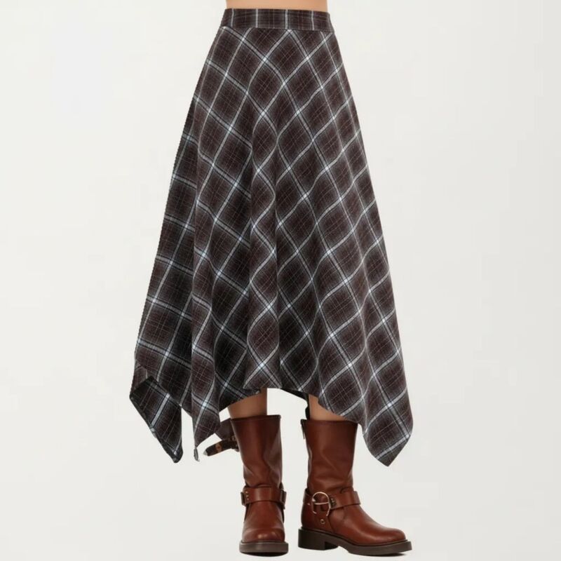 アンナカシ レディース ボトムスカート アシンメトリー ミディ AnnaKaci Womens Asymmetrical Plaid Midi Skirt withandkerchief Hem an
