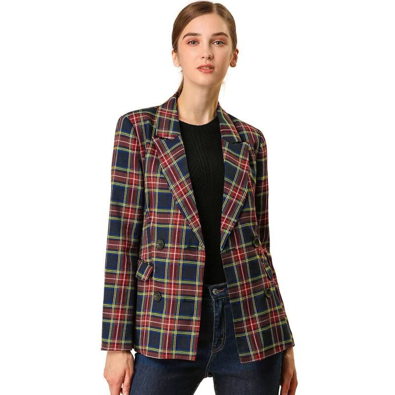 アレグラ ケー レディース アウター ジャケット・ブルゾン ブレザー ALLEGRA K Womens Notched Lapel Double Breasted Plaid Blazer Dark