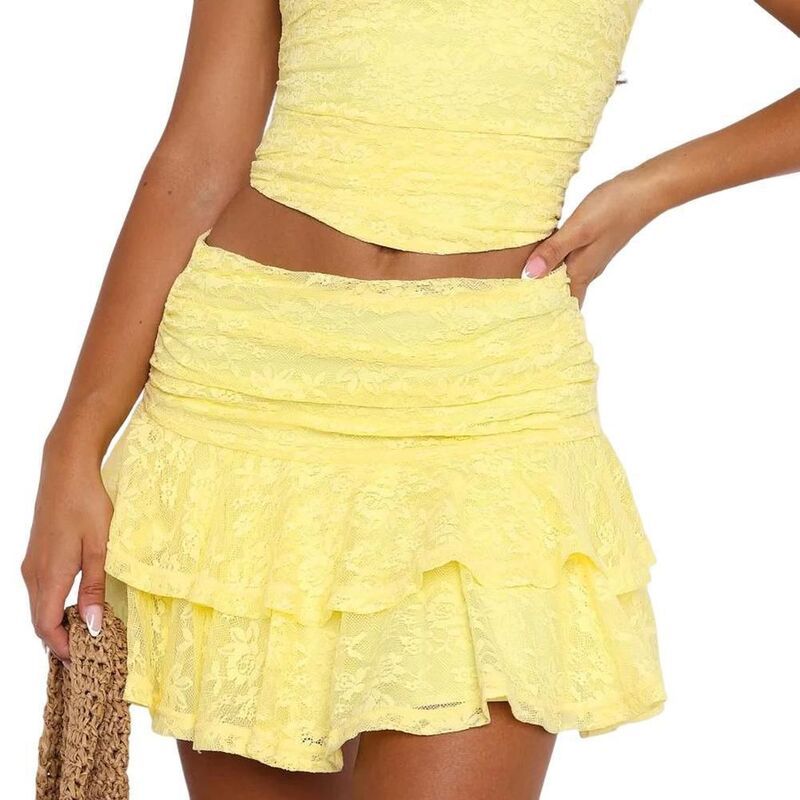 セオリア レディース ボトムスカート プリーツ フリル ミニ レース Seoria Women Lace Mini Skirts Low Elastic Rise Ruffle Half Slip S