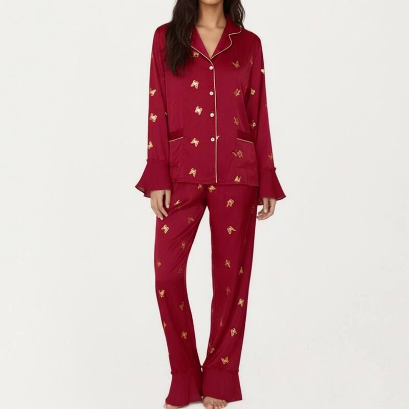 アンナカシ レディース アンダーウェア ナイトウェア フリル パンツ サテン AnnaKaci Womens 2Piece Set Satin Pajama Top with Piping Detai