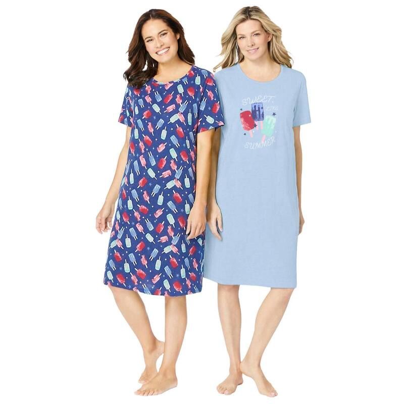 ドリームスアンドコー レディース アンダーウェア ナイトウェア プラスサイズ シャツ 半袖 Dreams Co Plusize 2Pack ShortSleeve Sleepshirt Sky Blu