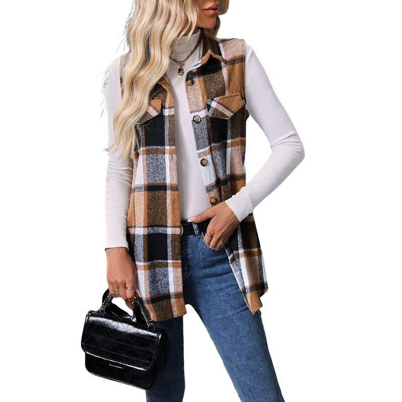 コジョイン レディース アウター ジャケット・ブルゾン ボタンダウン ベスト シャツ ノースリーブ ダウン Kojooin Women Plaid Vest Button Down Sleeveles