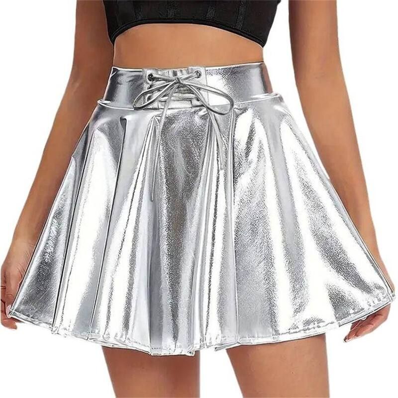 クリアラブ レディース ボトムスカート レース レザー Clearlove Womens PU Leather Skater Skirt with Elastic LaceUp Waistband S