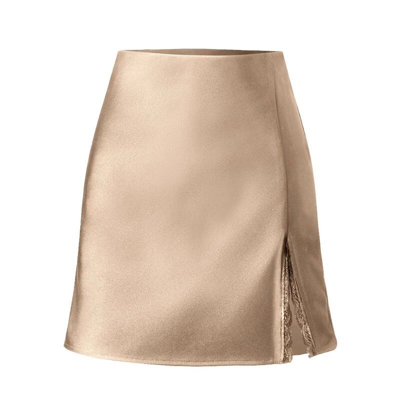 クリアラブ レディース ボトムスカート サイドスリット レーストリム ミニ サテン レース Clearlove Womens High Waisted Satin Mini Skirt with La