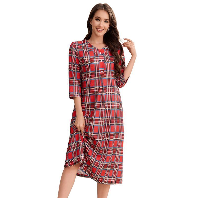 セオリア レディース アンダーウェア ナイトウェア Seoria Nightgowns for Women Half Sleeve Button Plaid Sleepdress Red Plaid