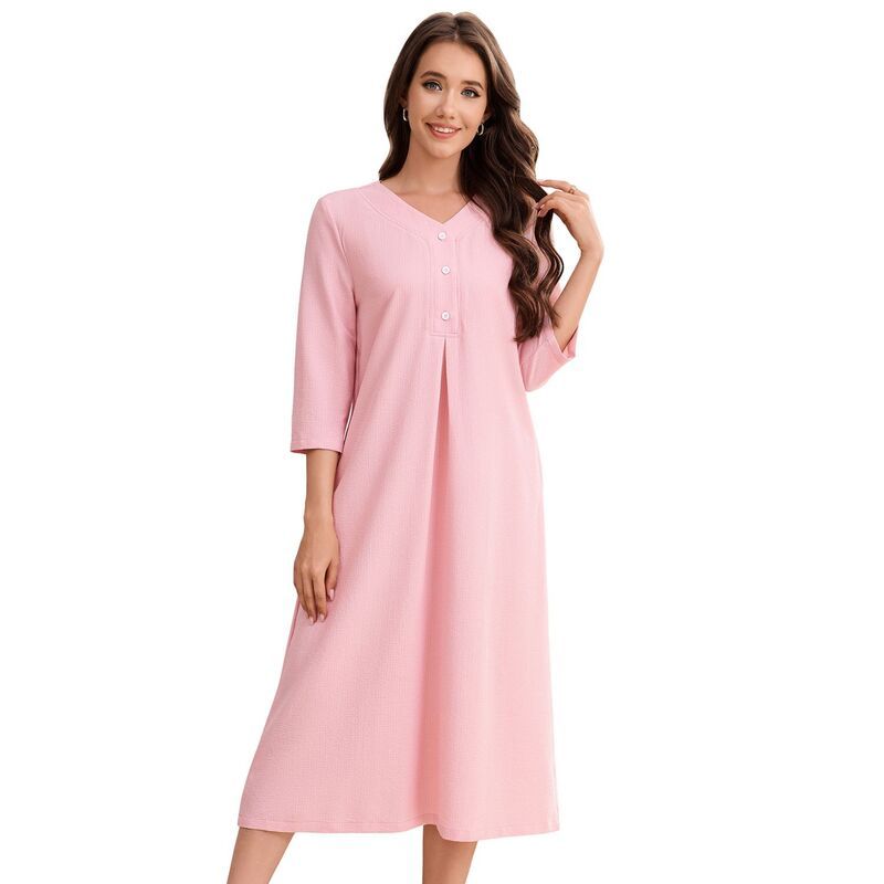 セオリア レディース アンダーウェア ナイトウェア Seoria Nightgowns for Women Half Sleeve Button Plaid Sleepdress Pink ピンク