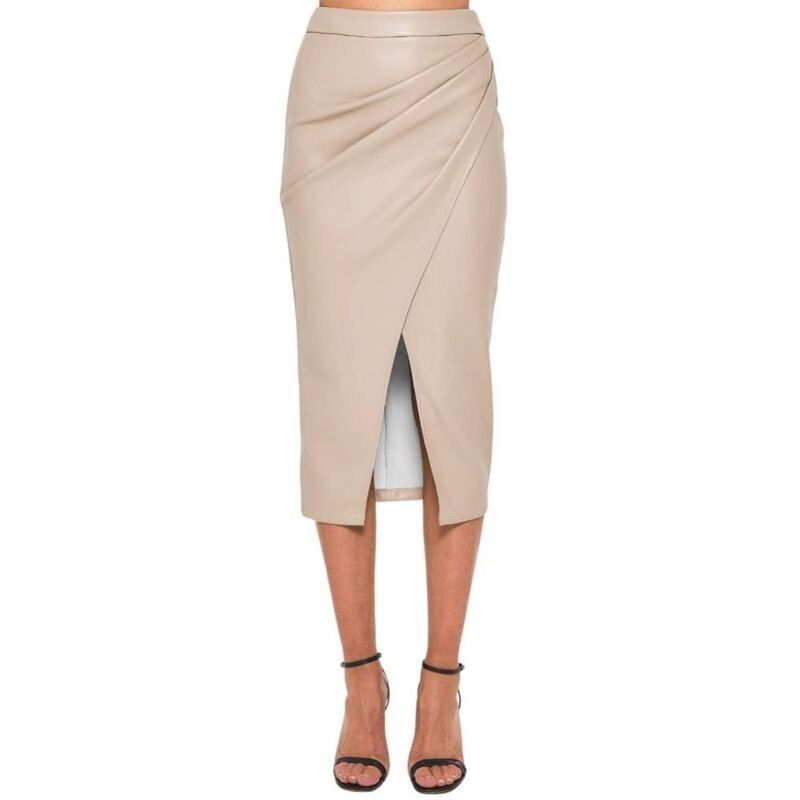 イエスファッション レディース ボトムスカート ハイウエスト プリーツ ミディ レザー Yesfashion Womens PU Leather MiDI Skirt Dressy Work Offi