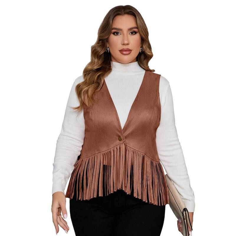 コジョイン レディース アウター ジャケット・ブルゾン プラスサイズ ベスト スエード ノースリーブ フリンジ Kojooin Womens Plusize Fringe Vest Faux Sued