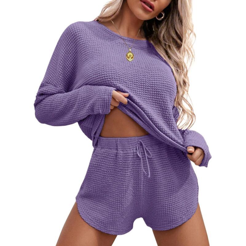 エコアー レディース アンダーウェア ナイトウェア ショートパンツ ニット Womens Ekouaer Waffle Knit Long Sleeve Top Shorts Pajama Set P