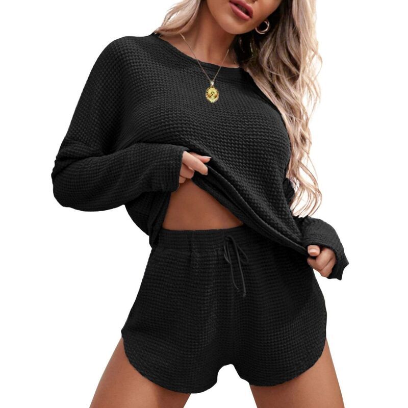 エコアー レディース アンダーウェア ナイトウェア ショートパンツ ニット Womens Ekouaer Waffle Knit Long Sleeve Top Shorts Pajama Set B