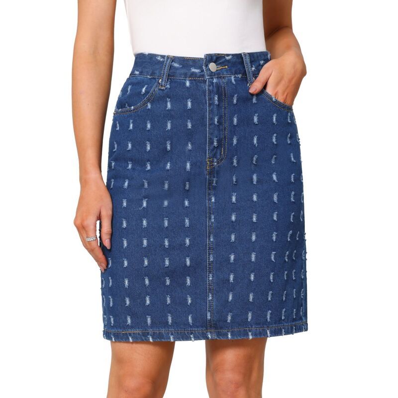 インスパイア シック レディース ボトムスカート ひざ丈 ハイウエスト デニム INSPIRE CHIC Womens Jean Skirts High Waist Swiss Dots Distre