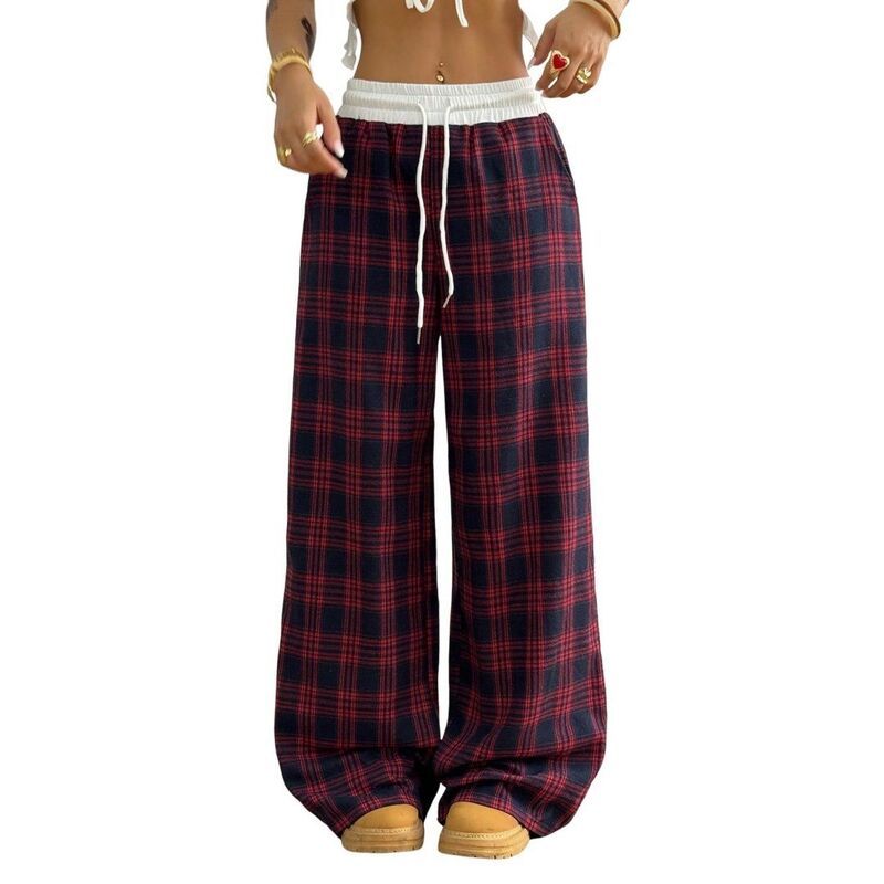 ボディサイズ レディース ボトムス カジュアルパンツ ストレート ハイウエスト BODDYSIZE Womens Casual Pants Loose Fit Straight Leg Plaid H
